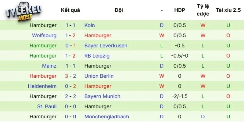 Thành tích thi đấu gần đây của Hamburger SV