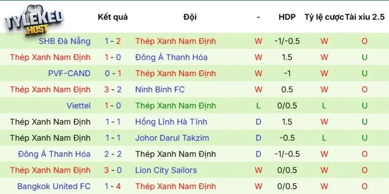 Kết quả thi đấu gần đây của Nam Định